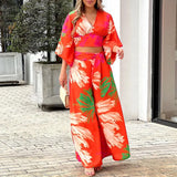 Fongt Women's V-Neck Lantern Sleeve Long Sleeve Short Top Broad Leg Trousers Fashion Suit Women's Two-Piece