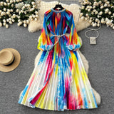 Fongt Elegant Dress Women Fashion Nail Ball Collar Hollow Pressure Folding Lantern Sleeves To Print Long Skirt