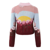 Fongt Women's New Color Print Short Long-Sleeved Knitted Cardigan Sweater 7297
