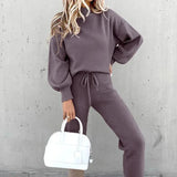 Fleece Pullover Sets Women Casual Lantern Sleeve Sweatshirt Drawstring Pants Solid Color Turtleneck 2 Piece Set