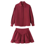 Fongt For Women's Clothing INS Explosive Temperament Collar Buckle Shirt Leaf-Side Skirt Set