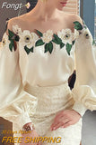Embroidered Flower Blouse Woman Mesh Patchwork Spring Satin Shirt Lady O-neck Tops Long Sleeve Women's Clothes