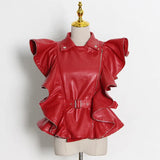 Casual Patchwork Leather Coats For Women Lapel Ruffles Sashes Short Slim Jackets High Street Female 2022 Spring
