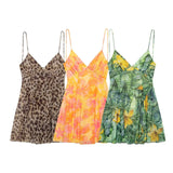 Fongt 2025 Spring New Women's Printed V-Necked Suspension Short Dress 5039132