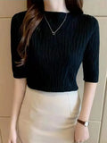Spring Summer Korean Fashion Solid Sweater Women Short Sleeve Tops Pull Femme Casual Slim Female Pullover Knitted Clothes-Outfit