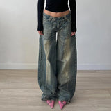 To Make Old Irregular Split Line Pocket Jeans Low-Waisted Spicy Girls Loose Casual Wide-Legged Pants-Outfit
