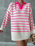 Women Sweater Pullover Knit Striped Polo Collar Autumn Casual Loose Long Sleeves Pullovers Warm Sweaters 2022 Fashion Lady