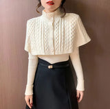 Cloak Sweater 2 Piece Sets Fall Winter Retro Thick Mock Neck Knit Cape And Slim V-neck Pullover Women Warm Sweaters