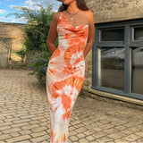 Popular Tie-Dye Printed Sexy Back Cross-Bandage Medium-Long Sling Dress-Outfit