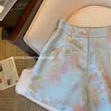 Advanced Sense Shorts Girls 2023 Summer Embroidery Retro High-End Trousers Satin Wide Legs Blue Hip Pants-Outfit