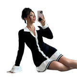 Fongt Small Fragrant Style Elegant Body V Collar Long-Sleeved Lotus Side Knitted Dress