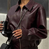 Fongt Women's Dress 2025 New Retro Simple Collar Zipper Leather Jacket