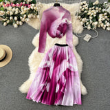 New Advanced Casual Women's Elastic Long Sleeve Pleated Top+High Waist Pleated Half Skirt Printed Skirt 2-piece Set-Outfit