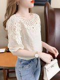 Out Casual Short Sleeve Blouse Loose Elegant O Neck Sweet Tops Summer Lace Women's Blouse Flowers Chiffon Shirts