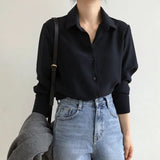 New Arrival Women Solid Black Chiffon Blouse Long Sleeve Casual Shirt Women's Korean BF Style Chic Tops Feminina Blusa