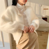 Lantern Sleeve Mink Cashmere Sweater Knitted Cardigan Korean Beads 2023 New Causal Knitwear Open