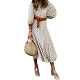 Fongt Spot 2024 Autumn / Winter New Fashion Belt Printing V-Collar Simple Temperament Long Dress-Outfit