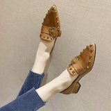 Fongt Shoes With Skirts Lef Shoes Feel Single Shoes Rivet Temperament Shoes Willow Brown Pointed French