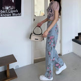 Fongt And Autumn Sweet And Spicy Girl Rose Print Jeans Women Design High Waist Straight Trousers Hanging Broad Leg Trousers