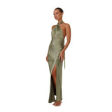 Fongt Spring Summer New Women's Sexy Waist Hanging Neck Open Fork Long Color Sleeveless Dress Woman