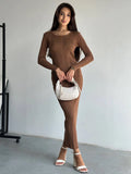 Fongt Wind Solid Color Knitted Dress Female Spring And Autumn Temperament Waist Long Sleeve Long Skirt