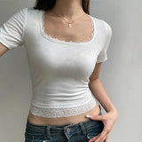 Black Lace Stitched Crop Top Women Casual Short Sleeve Square Collar Slim T-shirts Summer Harajuku Solid Tees y2k Vintage-Outfit