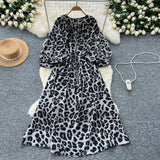 Fongt Retro Niche Print Dress Woman 2025 Autumn Strap To The Waist Round Lantern Sleeves Thin Dress