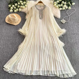 Fongt Elegant Dress Women's Autumn 2025 New Heavy Industry Diamond-Strowing Round Collar Loose Hair Splicing 100-Folded Long Dress