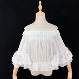 Lolita Chiffon Blouses Women Cute Bow Ruffles Three Quarter Flare Sleeve Undershirt Girl Kawai Off Shoulder Shirt Crop Top-Outfit