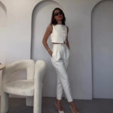Fongt New 2024 Summer Sleeveless Vest Jacket High Waist Straight Leg Pants Solid Color Two-Piece Set-Outfit