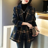 Fongt Autumn And Winter New Fashion Korean Loose Thin Retro Lattice Splicing Hundred Suit Collar Hair Coat Woman