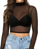Fongt Elastic Tight Perspective Sexy Mesh Bottom Shirt Transparent Long Sleeve T-Shirt Women's Lace