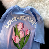 Blue Tulip Flock 3D Embroidery Flower T Shirts Cute Streetwear Casual Tops Short Sleeve Summer Cotton Tee Men Women