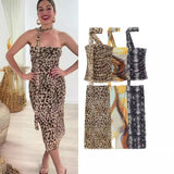 Fongt Summer New Breast-Wear Women's Fashion Animal Print Leopard Pattern Net Skirt Suit