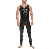 Fongt Plus Size Men's PVC Bright Leather Onesie Sexy Open Gear Slim Onesie Leather Pants Size Accurate-Outfit