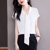 Fongt Female Short Sleeve OL Commuter Wind Elegant Mulberry Silk Jacket Bow Ribbon Shirt-Outfit