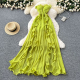 Fongt Style Dress 2025 Summer French Sexy Chest To Close Waist Thin Open Lotus Leaves Side Irregular Dress