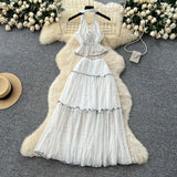 Fongt Holiday Suit Female Summer Sexy Hanging Neck V Neck Bare Back Chiffon Top High Waist Half Skirt Suit