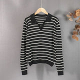 New 2021 Women Autumn Winter Sweaters Wool Knitted Elegant Striped Vintage Fashionable Pullovers Lady Tops