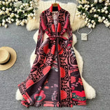 Fongt Dress Women's Fashion Collared Belt Long Pressured Folding Printing Jacket