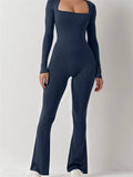 Women Jumpsuits Solid Long Sleeve Square Neck Low Cut Solid Slim Fit Autumn Rompers Flared Long Pants Streetwear 2023-Outfit