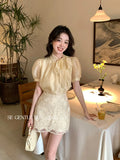 Fongt Xixi 2025 Summer New Thousand Gold Wind Bow Tie With Bottom Shirt Women's Long-Sleeved Top 89202-1