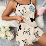 Fongt Women's Butterfly Print Pajamas Set Style Comfortable And Casual Summer Soft Sling Vest