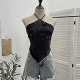 Fongt Summer Babes Hanging Neck Cowboy Corset Irregular Hairy Short Vest 8905