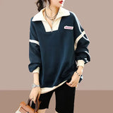 Casual All-match Solid Color Spliced Sweatshirts Fashion Zipper Spring Autumn Standard Polo-Neck Long Sleeve Pullovers-Outfit