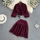 Fongt Temperament V-Neck Hollow Embroidered Lantern Sleeve Short Shirt Women Two Sets Hit High Waist Thin Word Half Skirt