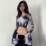 Summer New 2024 Mesh Printing Round Collar Horn Long Sleeve Perspective Exposed Umbilical Casual Women's