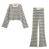 Fongt Women's INS Explosion Striped Knitting L Long Sleeve Horned Pants Set