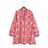 Fongt Women's Long-Sleeved Loose Embroidery Dress 23036