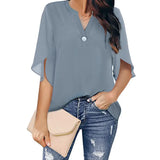 Fongt Women's Women's Short Sleeve Elegant Casual Solid Color V Collar Chiffon Shirt Chiffon